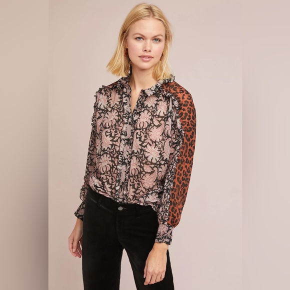 ANTIK BATIK x Anthropologie Silk Flowers Leopard Button Front Blouse Small
